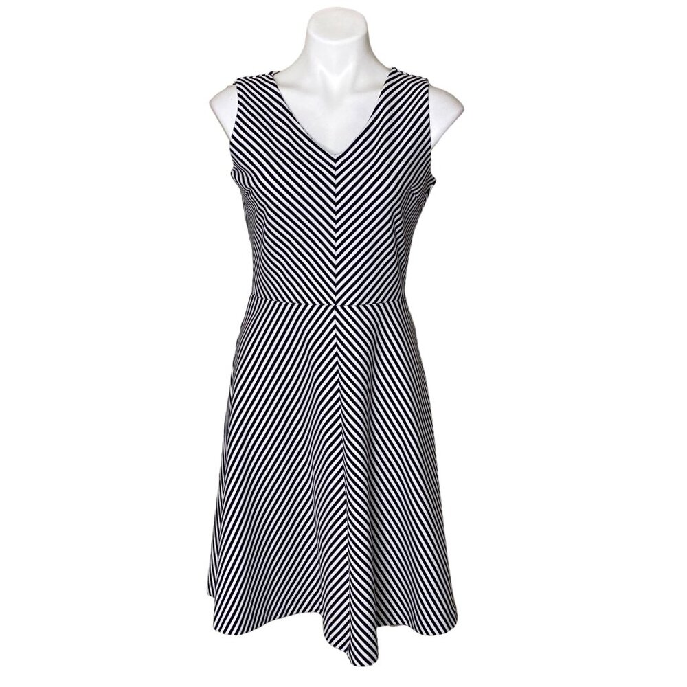 Talbots Women's Edie Knit Stripe A-Line Dress, Black & White V-Neck Size M - Picture 2 of 10